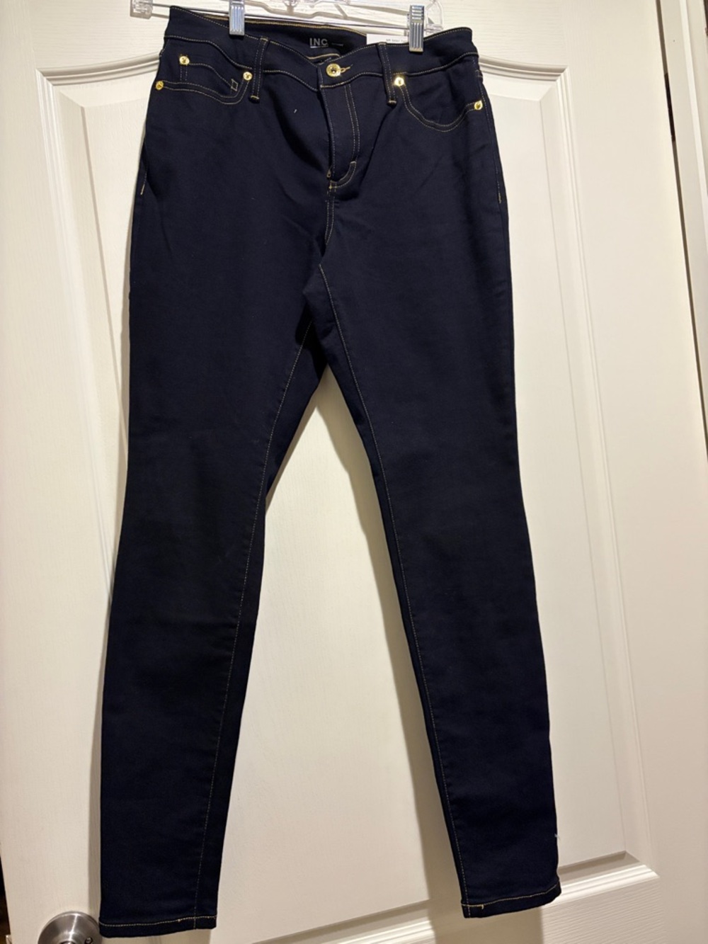 INC International Concepts Dark Navy Skinny Jeans with Gold Hardware